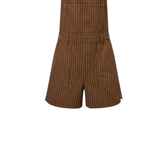 NWT  We Wore What Slit Overall Short in Brown/White Pinstripe Size Medium - Picture 2 of 2
